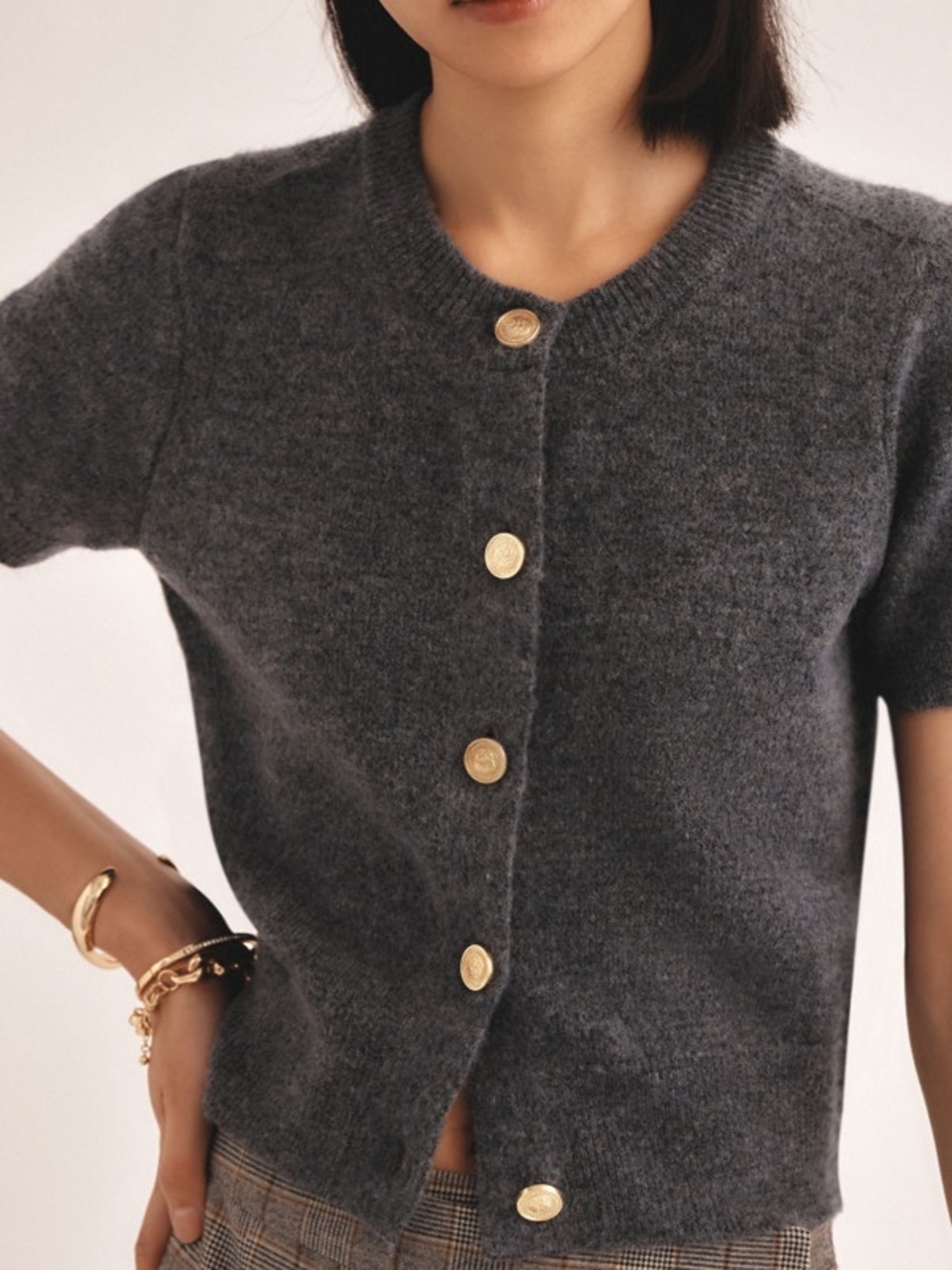 Maeve for Anthropologie Short Sleeve Gold Button Grey Cardigan size large - Picture 2 of 10
